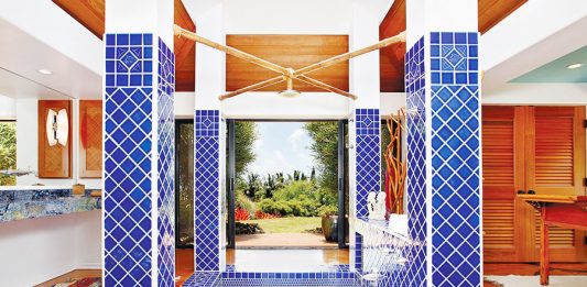 blue pool tile sunken tub shower